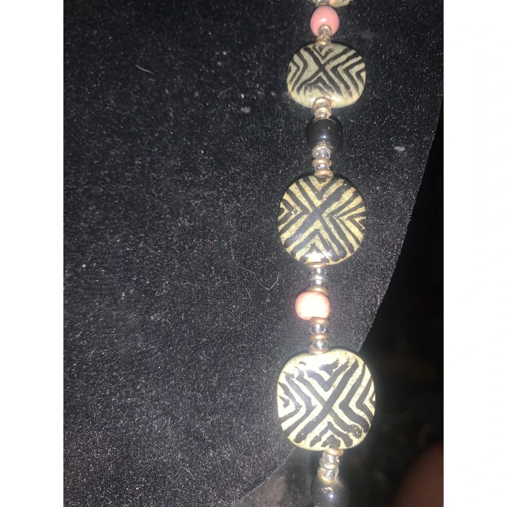 Boho Geometric Beaded Statement Necklace Olive Green Black Pink Long Strand